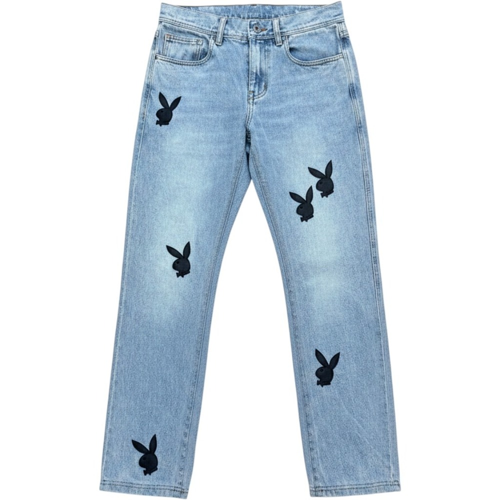 Pleasures x Playboy Bunny Leather Applique Denim Patchwork Jeans Light Wash 30